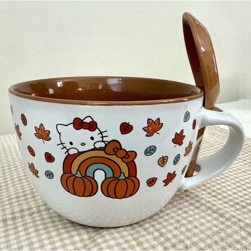 Hello Kitty Fall Harvest Pumpkin Ramen Bowl w/ Spoon Ceramic Sanrio Autumn